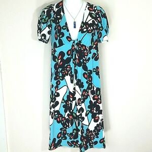 BCBG Paris Floral Midi Dress Blue Orange Green Short Sleeve V-Neck Knot 4